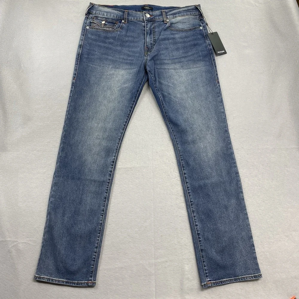 True Religion Jeans Mens 36x34 Blue Denim Pants Ricky Relaxed Straight Flap
